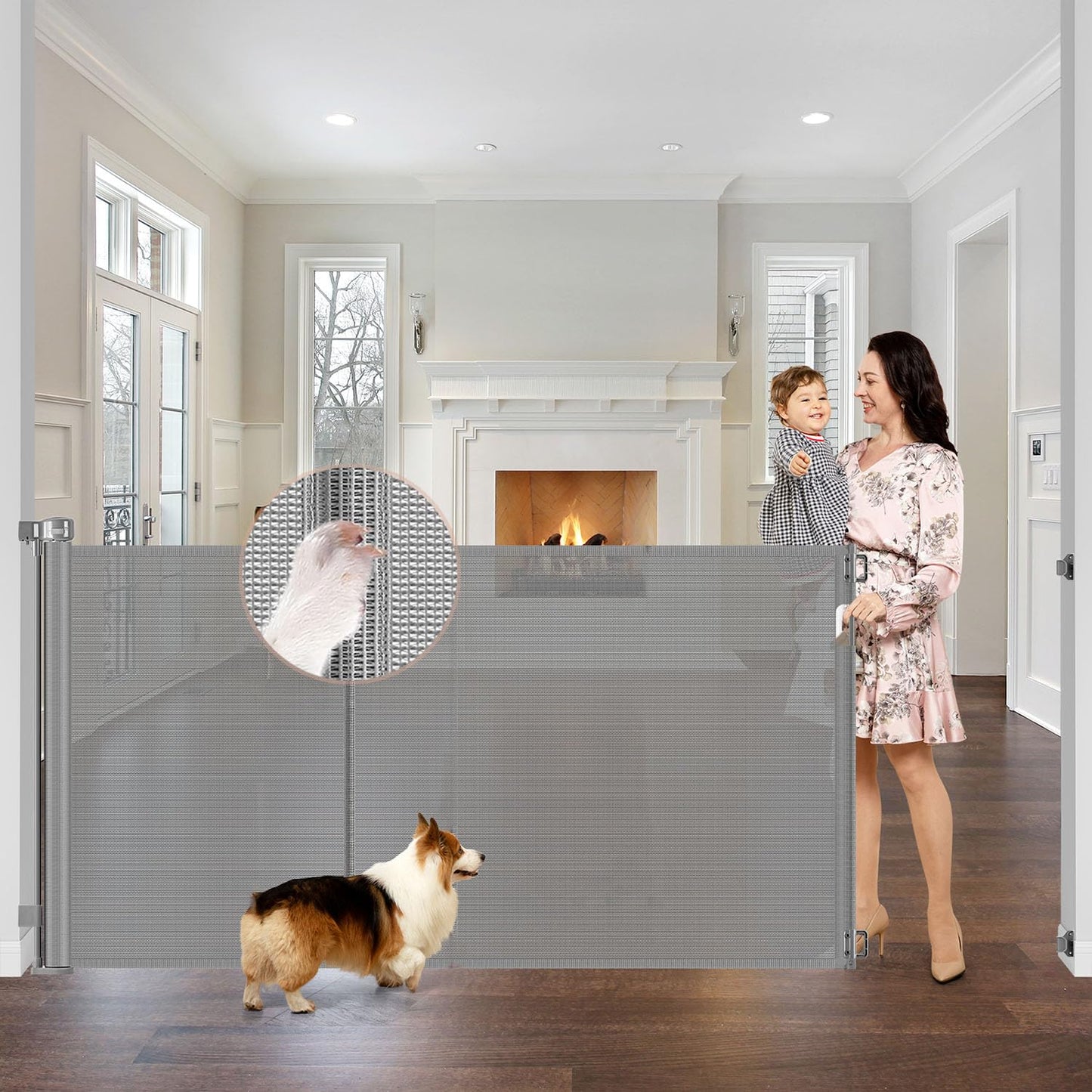 Reinforced 42" Tall Retractable Dog Gate, 155" Extra Long Retractable Baby Gate with Support Rods - Prevent Crawling Under, Indoor/Outdoor Retractable Gate Extra Tall Baby Gate Retractable Fence/Black