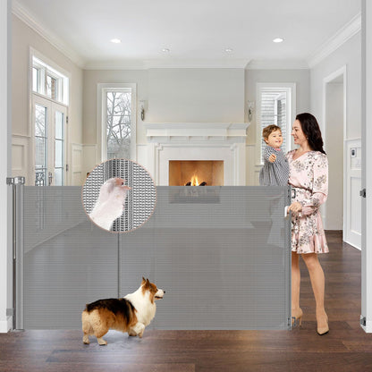 Reinforced 42" Tall Retractable Dog Gate, 155" Extra Long Retractable Baby Gate with Support Rods - Prevent Crawling Under, Indoor/Outdoor Retractable Gate Extra Tall Baby Gate Retractable Fence/Black