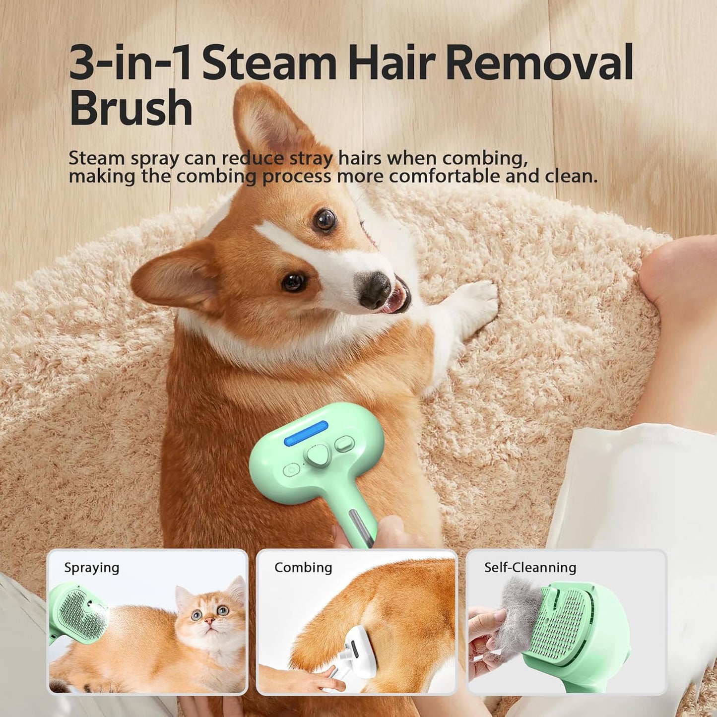 Pet Grooming Brush with Electronic Mist Spray - Gentle Deshedding Tool for Cats & Dogs, Pet Steam Brush，Reduces Shedding, Soft Bristles, Promotes Healthy Coat-Comes with a hair smoothing comb-White