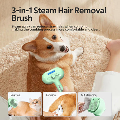 Pet Grooming Brush with Electronic Mist Spray - Gentle Deshedding Tool for Cats & Dogs, Pet Steam Brush，Reduces Shedding, Soft Bristles, Promotes Healthy Coat-Comes with a hair smoothing comb-White