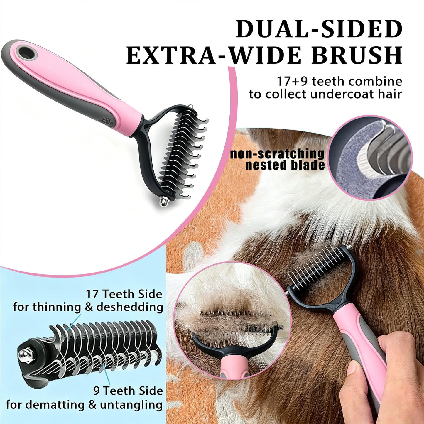 7PCS Dog Grooming Brush Kit for Shedding and Matted Fur, Self-Cleaning Slicker Brush with Undercoat Rake, Flea Comb for Long-Haired Pets, Blue