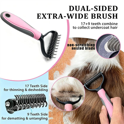 7PCS Dog Grooming Brush Kit for Shedding and Matted Fur, Self-Cleaning Slicker Brush with Undercoat Rake, Flea Comb for Long-Haired Pets, Blue
