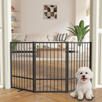 SNUOWU Full Metal Freestanding Dog Gate with Door, 32''Height Foldable Pet Dog Fence for Indoor & Outdoor, 4 Panels Extra Wide Free Standing TallDog Gates for Doorways,House,Stairs,Porch,Deck,Yard