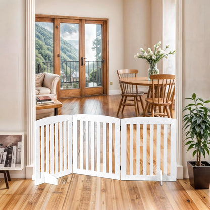 24 Inch Freestanding Indoor Retractable Dog Gate Pet Gate for Stairs, Hallways or Doorways 3 Panels Indoor Foldable Puppy Dog Fence Wooden Safety Fence, White