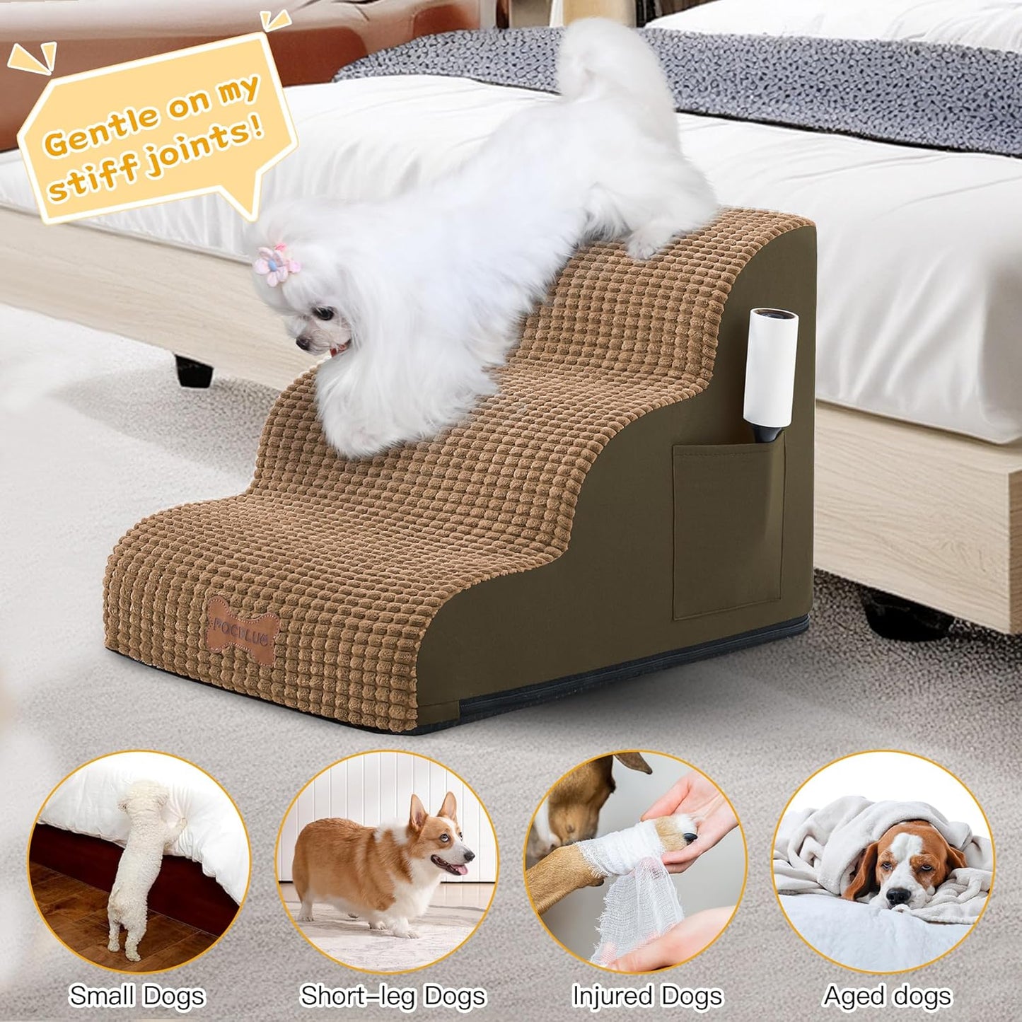 POCBLUE Dog Stairs for Small Dogs 15.7" H, Wide Pet Step for Couch/Sofas/Chairs, Curved Pet Ramps for Small Dogs & Cats with High-Density Foam and Washable Cover, 3-Step, Grey