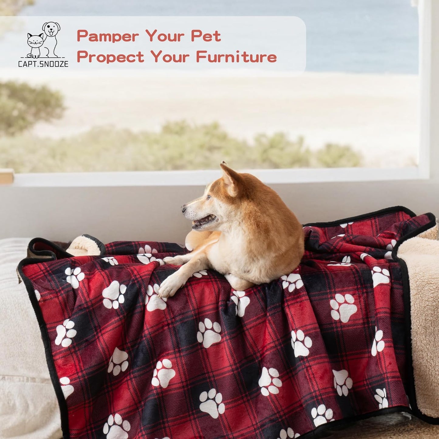 Waterproof Dog Blankets Pet Blanket 50"x60", Soft Fluffy Sofa Car Bed Protector, Reversible Sherpa Fleece Dog Blanket for Large Dogs (Dark Grey-Paws)