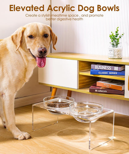 Acrylic Elevated Dog Cat Bowls Pet Feeder Double Bowl Raised Stand Comes with 4 Removable Stainless Steel Bowls. Perfect for Cats Puppies Small Dogs, 3.75 Inch