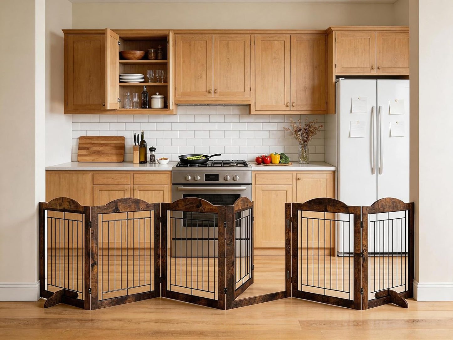 Vantas Espresso Wooden Folding Dog Gate 144" Wide x 30" Tall with Door, Freestanding Pet Gate, Pet Puppy Safety Fence