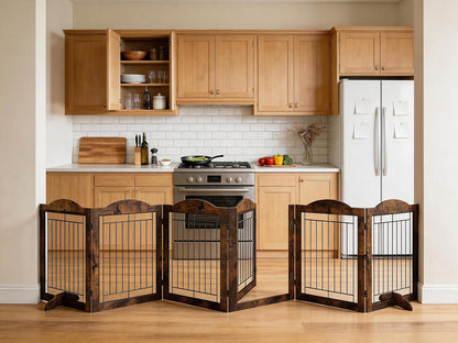 Vantas Espresso Wooden Folding Dog Gate 144" Wide x 30" Tall with Door, Freestanding Pet Gate, Pet Puppy Safety Fence
