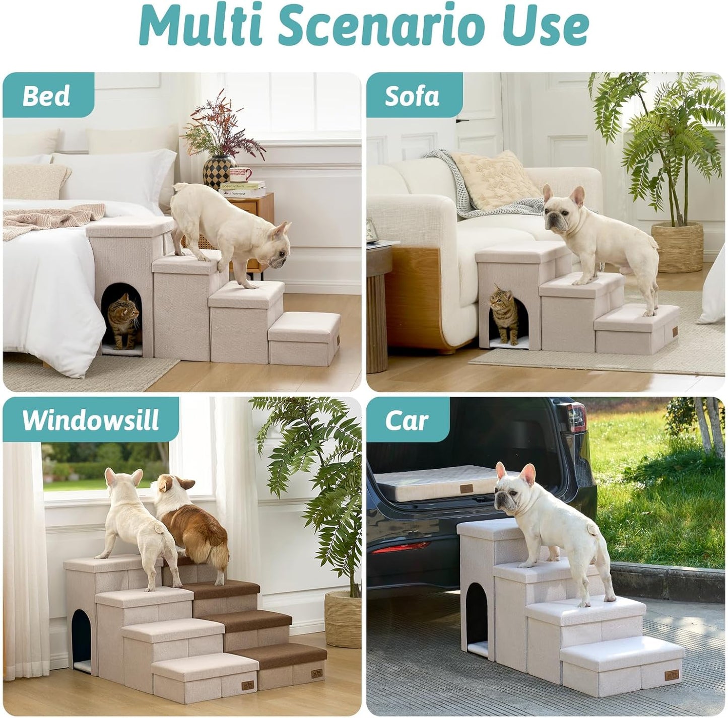 Dog Stairs with Storage, 4-Step Wider Sturdy Dog Steps for Small/Medium/Large Dogs and Older Cats, Folding Doggie Ramp for Bed/Couch/Car Hold Up to 180 lbs (22" H, Brown)