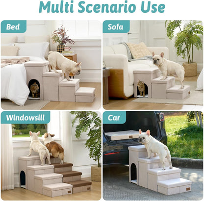 Dog Stairs with Storage, 4-Step Wider Sturdy Dog Steps for Small/Medium/Large Dogs and Older Cats, Folding Doggie Ramp for Bed/Couch/Car Hold Up to 180 lbs (22" H, Brown)