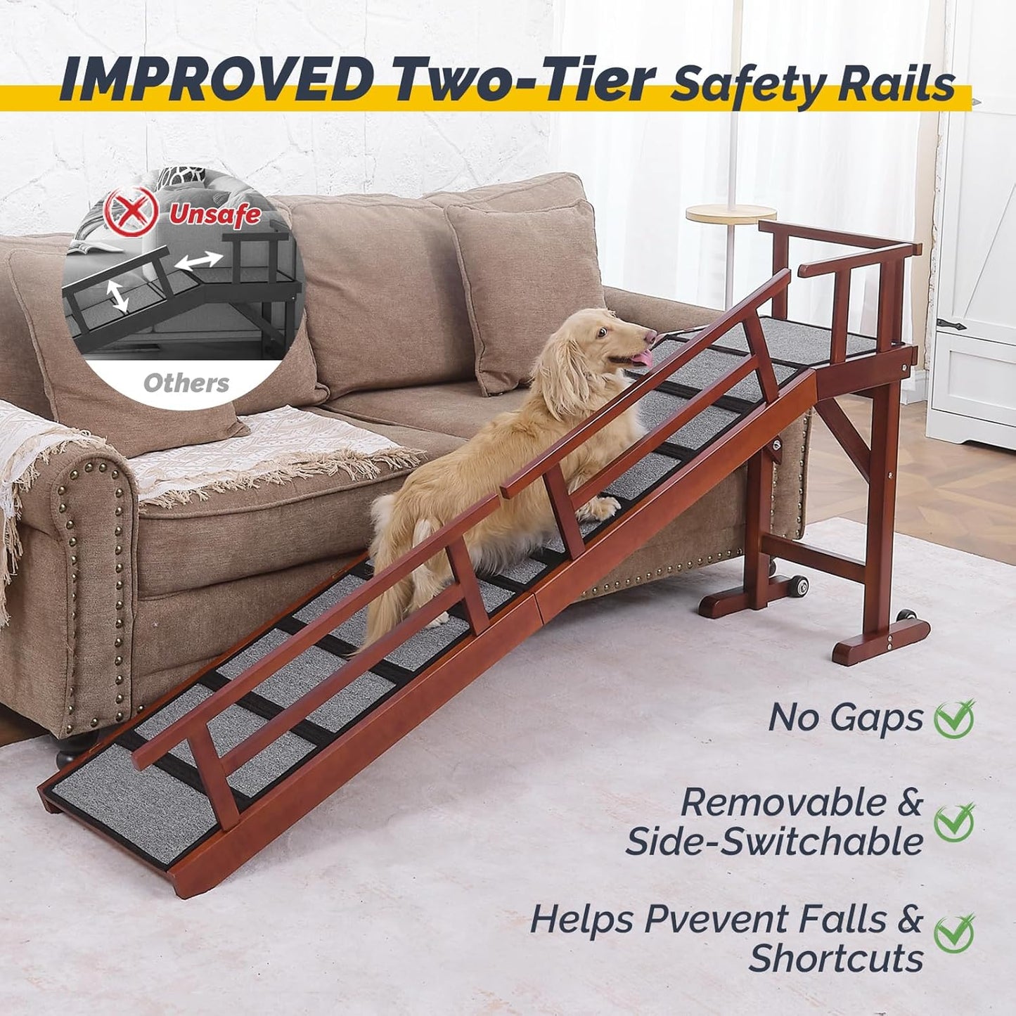 Dog Ramp for Bed or Couch, Wooden Pet Ramp with 20° Gentle Slope, Removable Side Rails, Non-Slip Surface, Top Platform & Wheels, Safe Bed Ramp for Small, Large & Senior Dogs, 60" Long, Mahogany