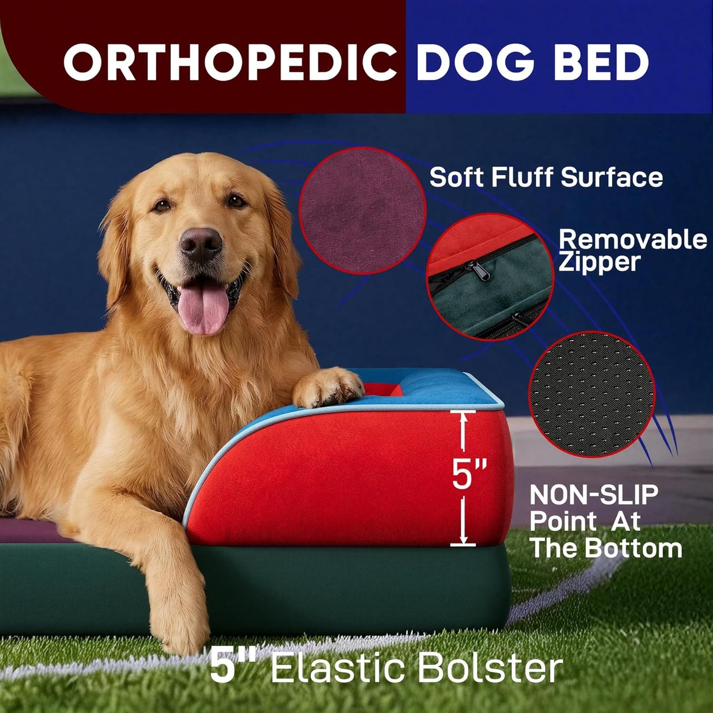 Comfort Expression Orthopedic Dog Bed for Extra Large Dogs 42x30 Inch, Waterproof Egg Crate Foam XL Pet Bed with Removable Bolsters, Dog Couch with Washable Cover & Non-Slip Bottom, Grey - Colors B