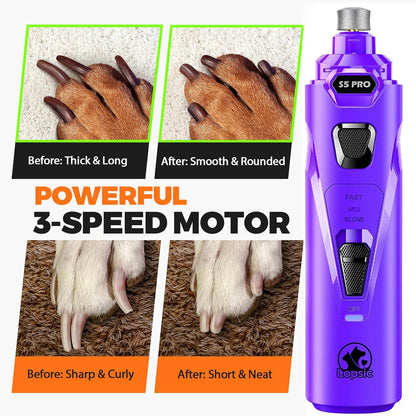 Whisper Quiet Dog Nail Grinder with 4 LED Lights, Safe & Stress-Free for Sensitive Dogs Cats of All Breeds & Sizes, 3 Grinding Bits, 3-Speed, Pet Nail Trimmers, Rechargeable Painless Grooming Kit