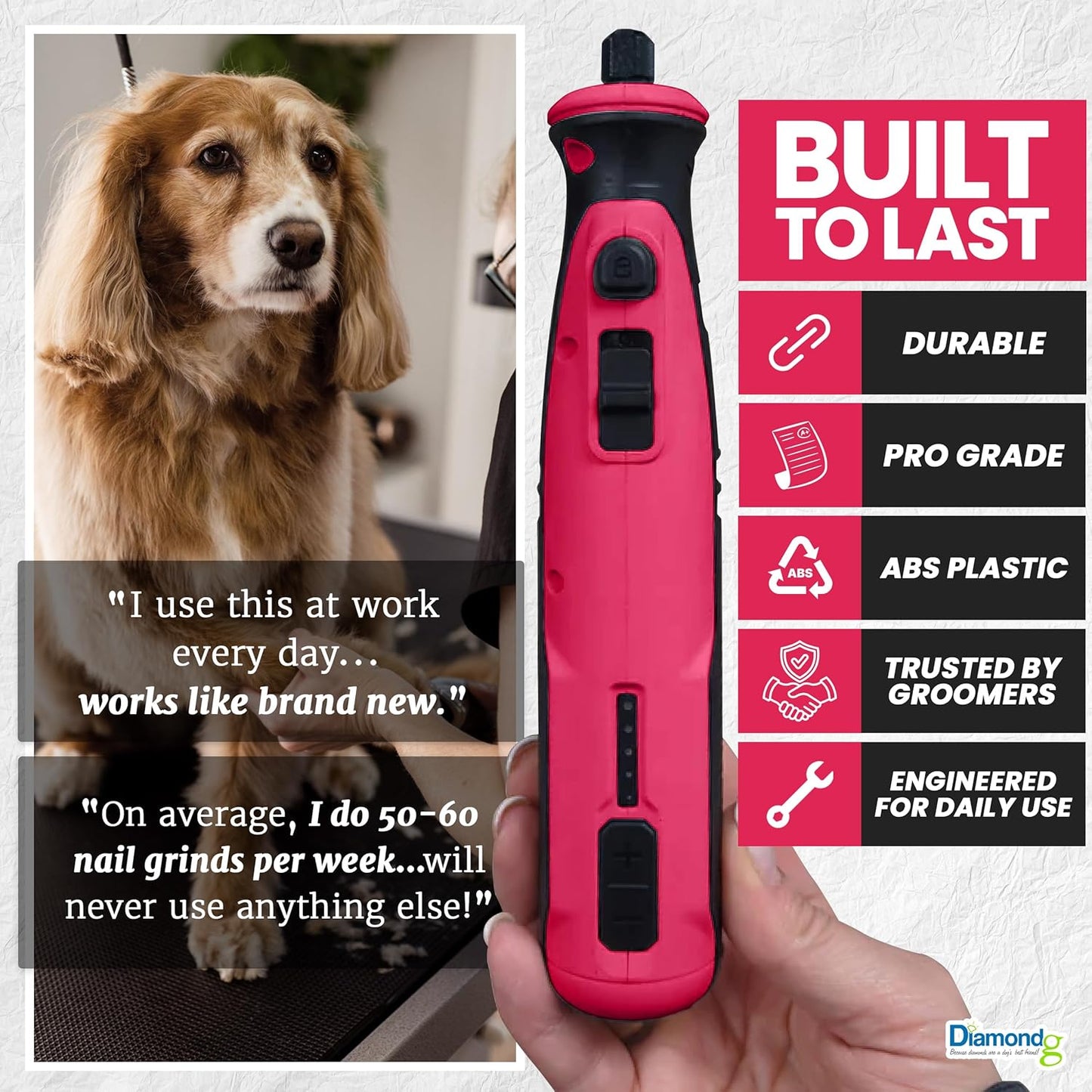 Diamondg Cordless Dog Nail Grinder with Quiet Sound & LED Tip for Large & Small Dogs, 4hrs. Runtime - Electric Dog Nail Trimmer, Heavy Duty Rotary Tool Alternative to Toenail Clippers & Filers