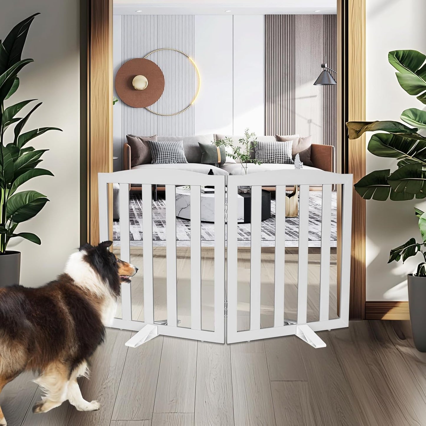 ZJSF Foldable Freestanding Indoor Dog Gate for House Wood White Long Pet Gates Dog Fence for Stairs Puppy Gates for Hallways,Pet Fence, Puppy Gate,Support Feet Included 24 "Height-3 Panels