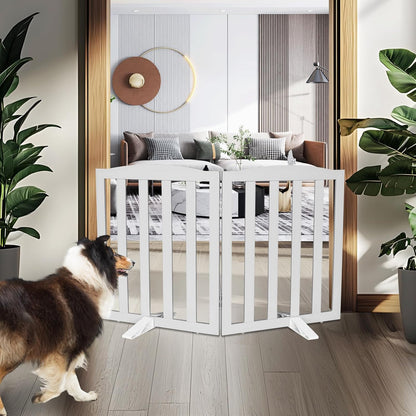 ZJSF Foldable Freestanding Indoor Dog Gate for House Wood White Long Pet Gates Dog Fence for Stairs Puppy Gates for Hallways,Pet Fence, Puppy Gate,Support Feet Included 24 "Height-3 Panels