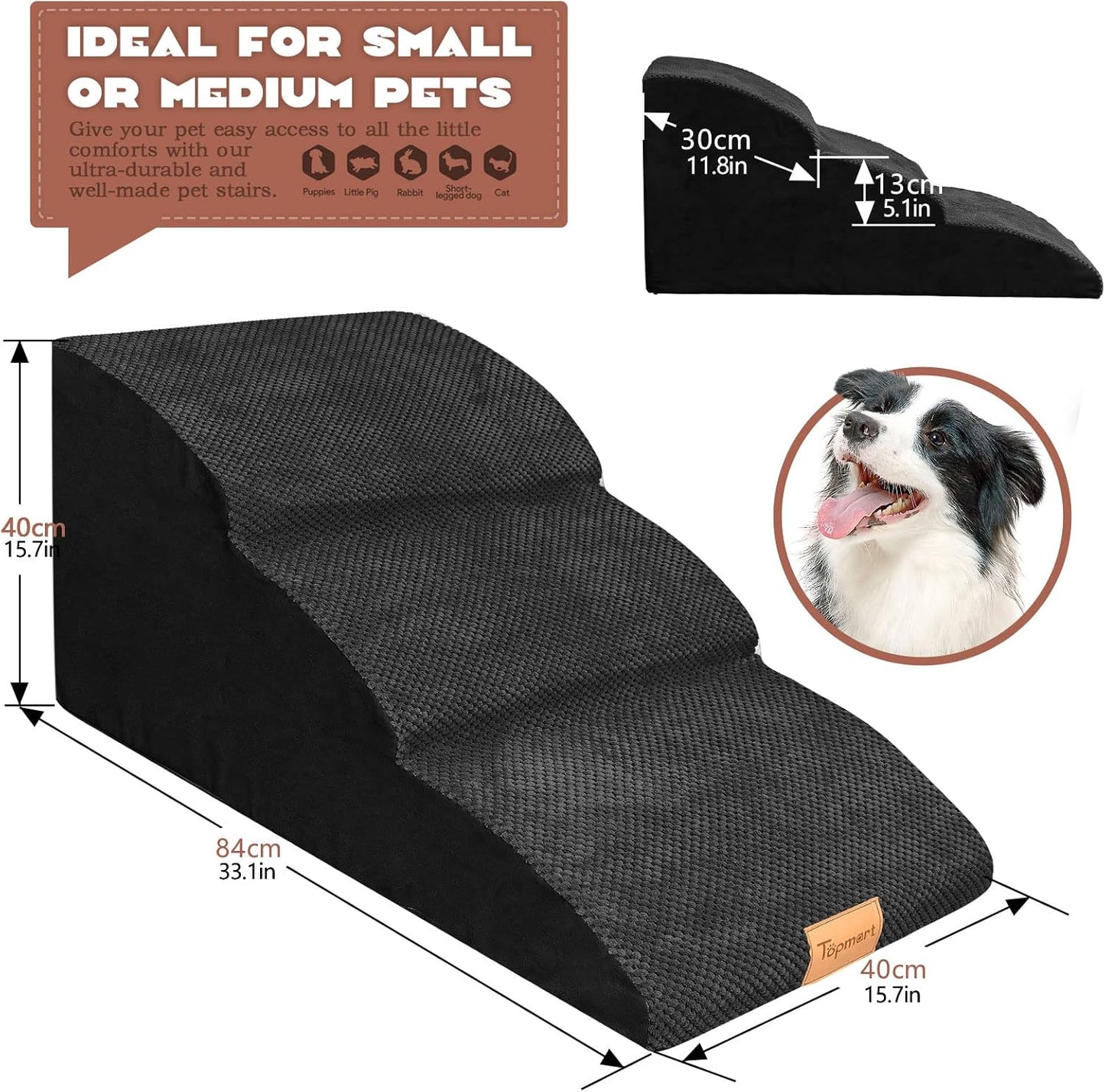 Topmart High Density Extended Foam Dog Ramp&Steps 2 Tiers,11.8" High,Non-Slip Dog Stairs,Soft Foam Pet Ladder with Removable Cover,Best for Injured,Older Cats,Pets with Joint Pain