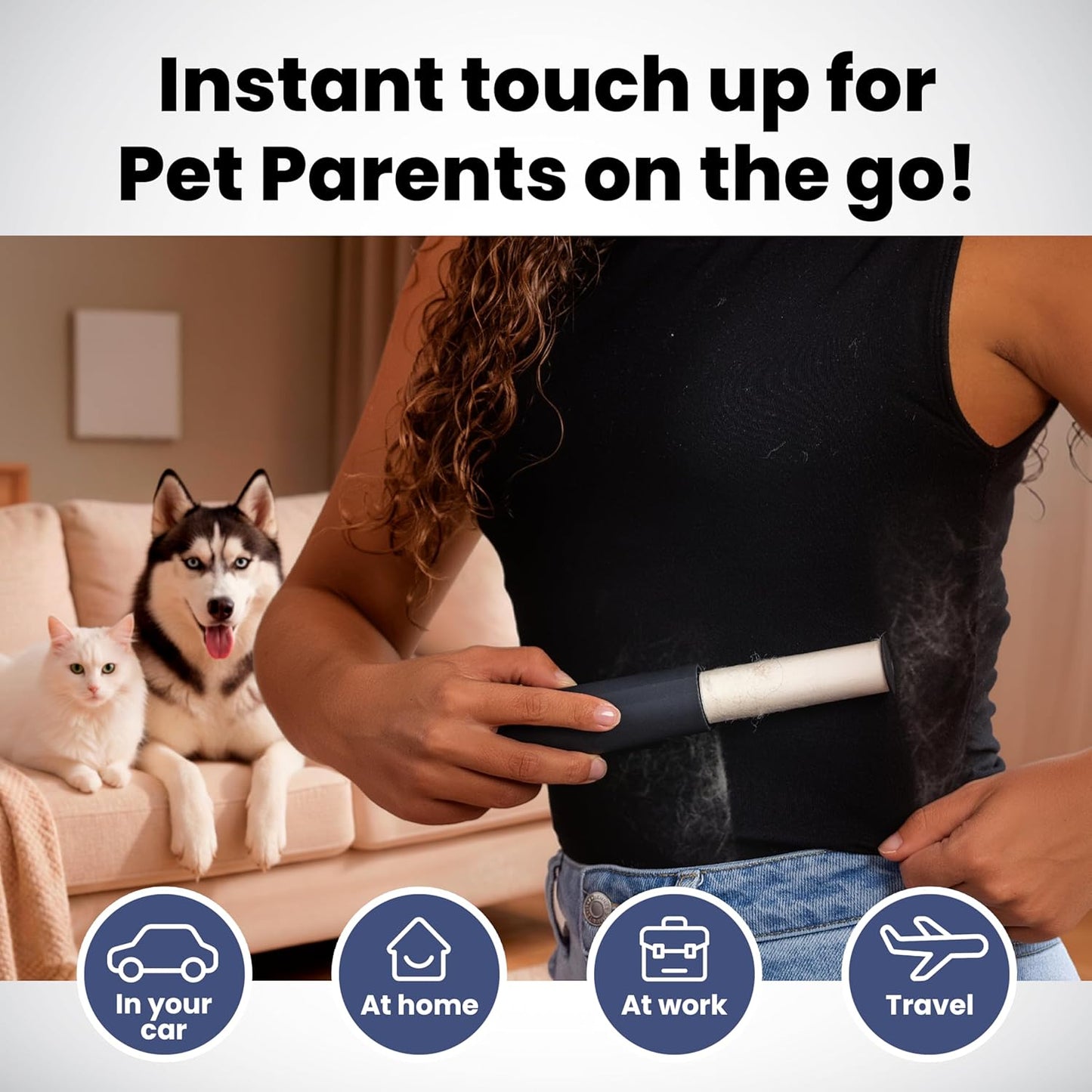 Mini Lint Roller for Pet Hair Extra Sticky (3 Pack + 4 Refill Rolls) - Travel Size Pet Hair Roller with Retractable Cover - Cat & Dog Fur Remover for Clothes