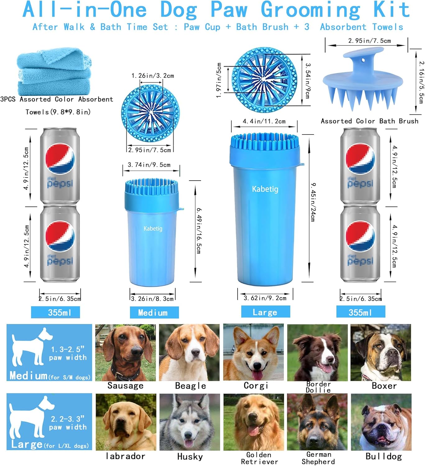 Dog Paw Cleaner Kit for L/XL Dogs - Quick Clean No Full Bath, 2-in-1 Paw Wash Cup with Detachable Silicone Brush Head, Includes Bath Brush & 3 Absorbent Towels, Blue