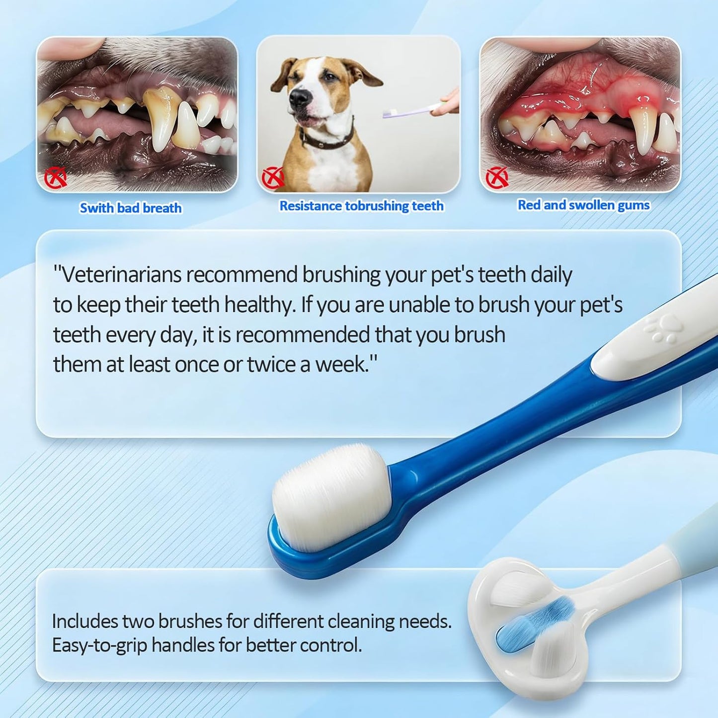A Dog Toothbrush Set that Makes Brushing Easy | Finger Brush & Long-Handle Brush for Dogs & Cats | Soft Silicone Bristles | Pet Dental Care