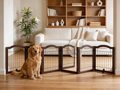 Vantas Espresso Wooden Folding Dog Gate 144" Wide x 30" Tall with Door, Freestanding Pet Gate, Pet Puppy Safety Fence