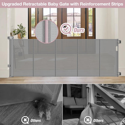 Reinforced 56" Wide Retractable Baby Gates for Doorways with Support Rods - Prevent Crawling Under Retractable Gate, Mesh Pet Gate for Stairs Retractable Dog Gates for The House Indoor/Outdoor, Black