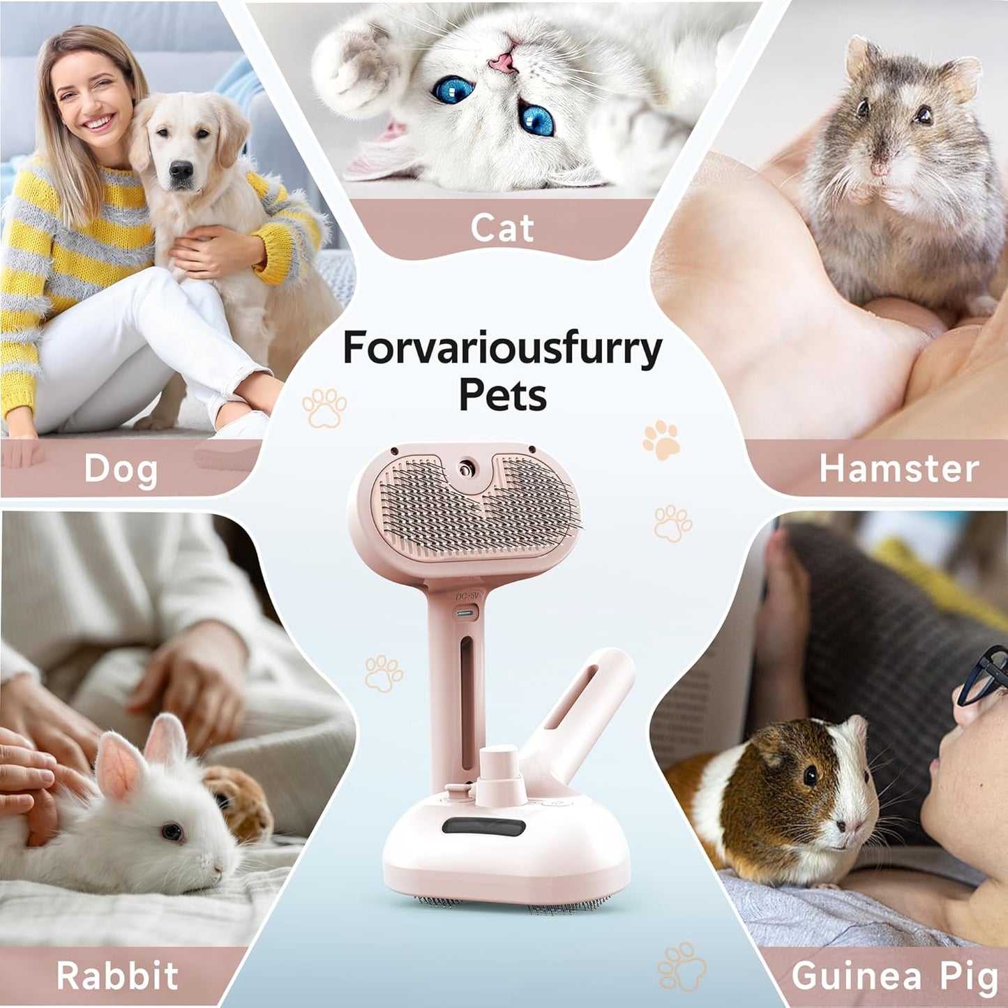 Pet Grooming Brush with Electronic Mist Spray - Gentle Deshedding Tool for Cats & Dogs, Pet Steam Brush，Reduces Shedding, Soft Bristles, Promotes Healthy Coat-Comes with a hair smoothing comb-White