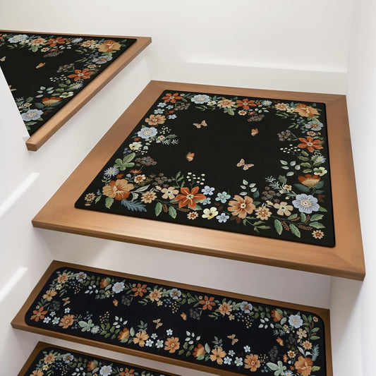 OJIA Floral Stair Treads Non-Slip Carpet Stair Treads for Wooden Steps Indoor 15PCS 30"x8" Stair Runner Stair Mats Staircase Step Treads for Kids, Elders and Dogs, Stair Covers, Black