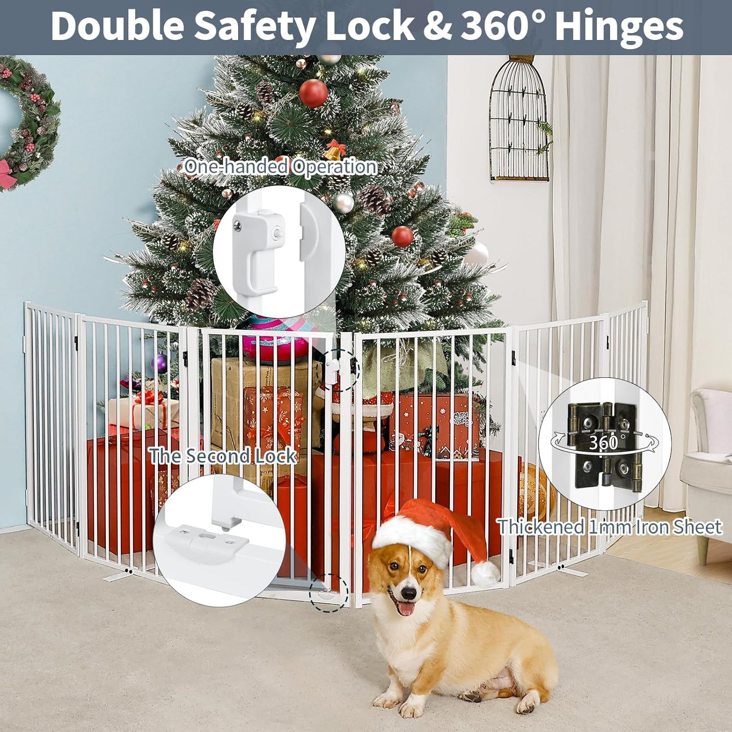 Metal Freestanding Dog Gates with Door for Outdoor Indoor,80'' Extra Wide 32'' Tall Free Standing Dog Gate for Doorways,Large Openings,Deck,Yard,Foldable Safety Pet Fence(Black,4 Panels)