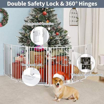 Metal Freestanding Dog Gates with Door for Outdoor Indoor,80'' Extra Wide 32'' Tall Free Standing Dog Gate for Doorways,Large Openings,Deck,Yard,Foldable Safety Pet Fence(Black,4 Panels)