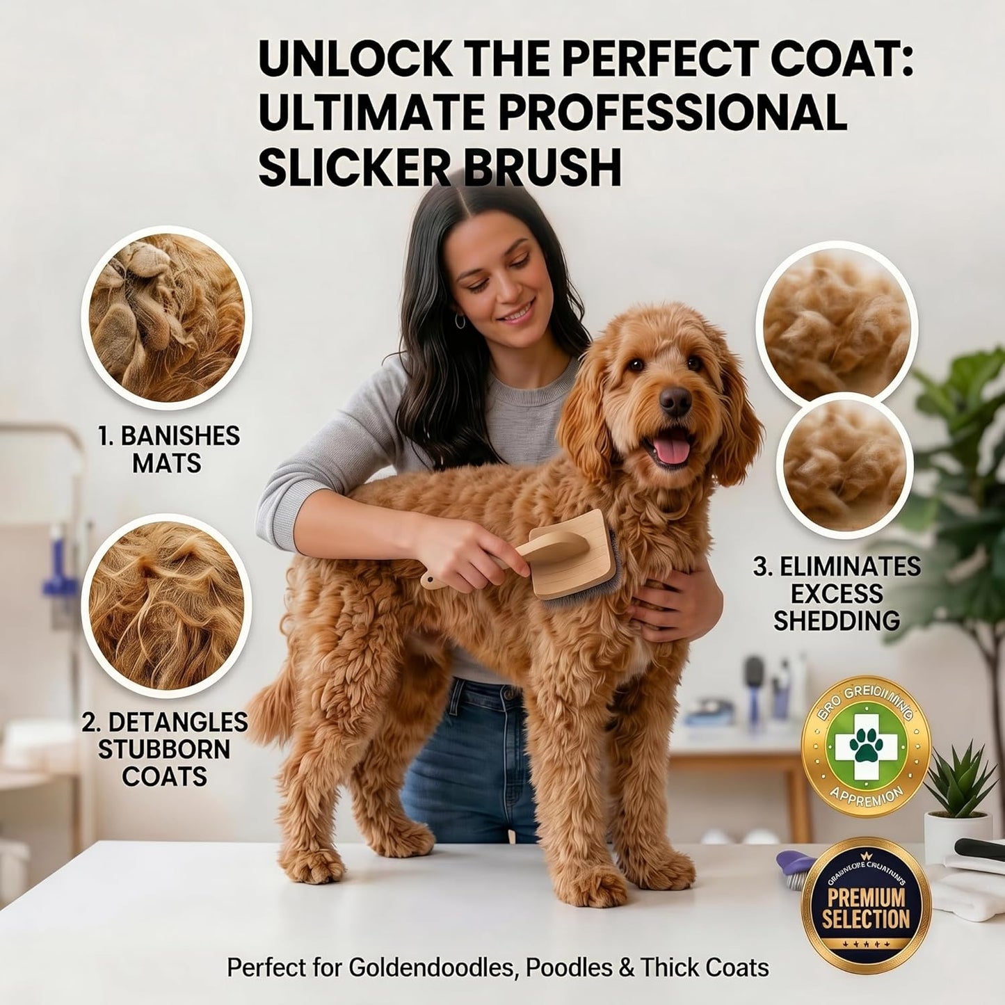 Slicker Brush for Dogs, Large Dog Grooming Brush for Doodles Goldendoodles Poodles Labradoodle Bernedoodles, Long Combs to Wavy & Curly Hair - Wooden Handle 3 Pcs - Nature