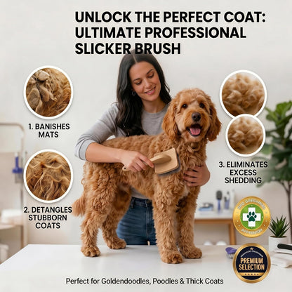 Slicker Brush for Dogs, Large Dog Grooming Brush for Doodles Goldendoodles Poodles Labradoodle Bernedoodles, Long Combs to Wavy & Curly Hair - Wooden Handle 3 Pcs - Nature