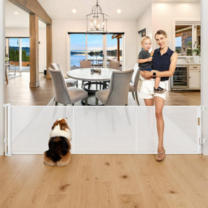 Reinforced 28 Inch Tall Retractable Baby Gates for Dogs, Easy Step Over Pet Gate with Support Rods, 55" Wide Retractable Dog Gate, Puppy Gates for The House Short Dog Gate for Stairs, Doorways, White