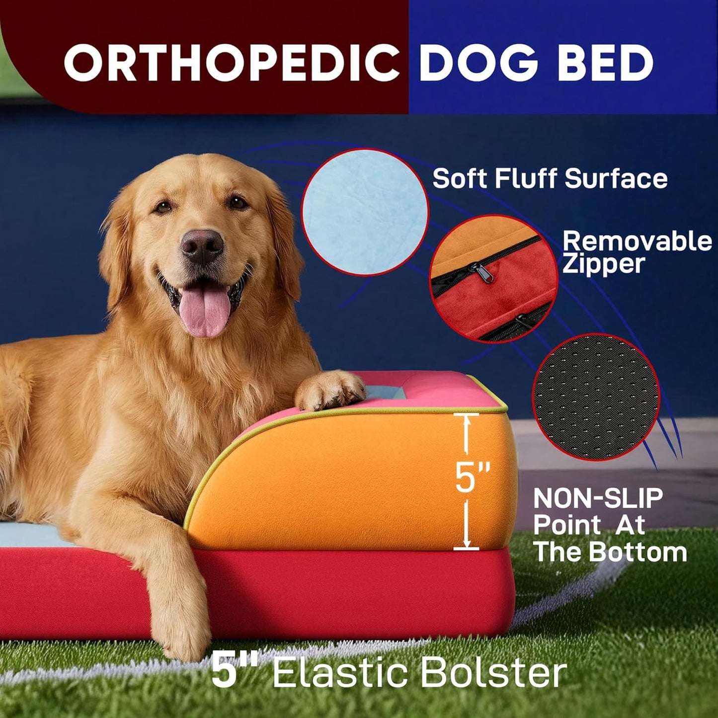Comfort Expression Orthopedic Dog Bed for Extra Large Dogs 42x30 Inch, Waterproof Egg Crate Foam XL Pet Bed with Removable Bolsters, Dog Couch with Washable Cover & Non-Slip Bottom, Grey - Colors A