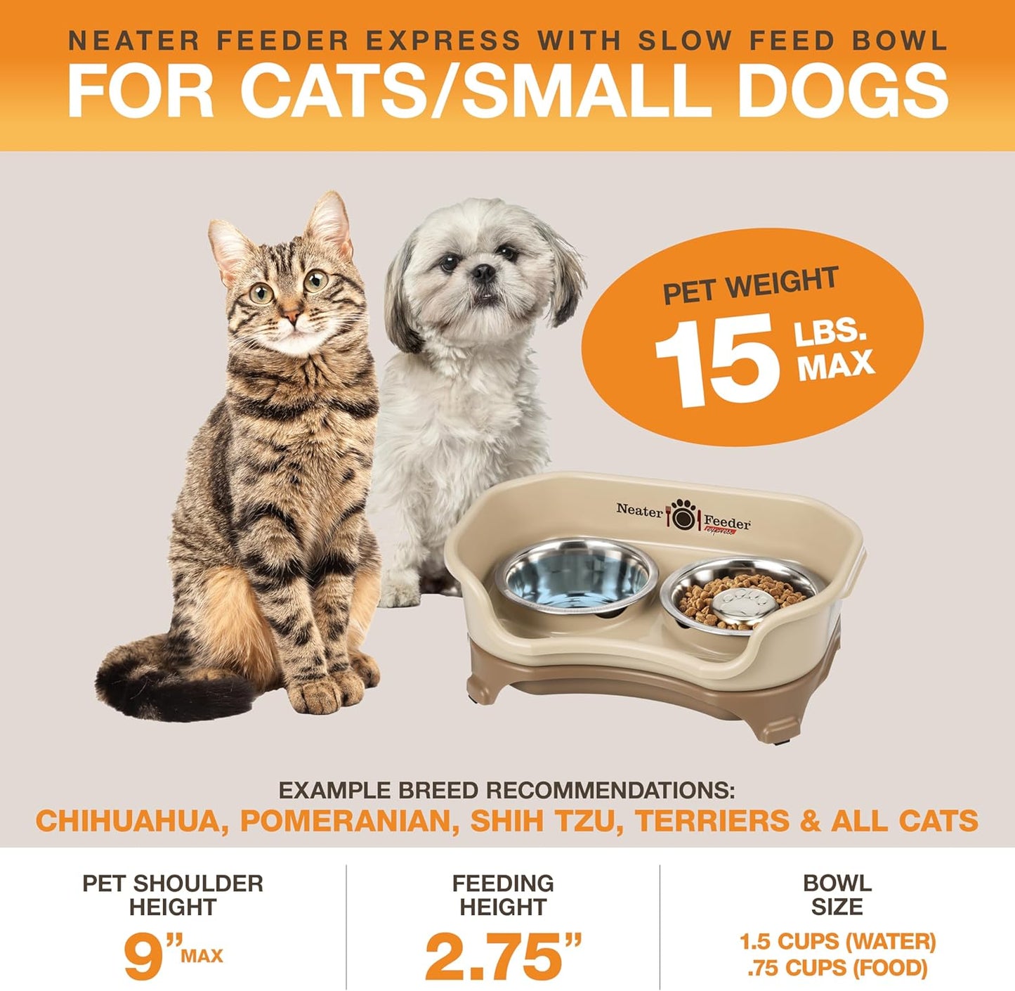 Neater Feeder Express Mess Proof Dog Bowls Elevated for Small Breeds under 15 Lb, Made in USA, No Spill Raised Dog Food Bowl Stand, Stainless Steel Food and Water Bowl Set, Feeding Station, Cappuccino