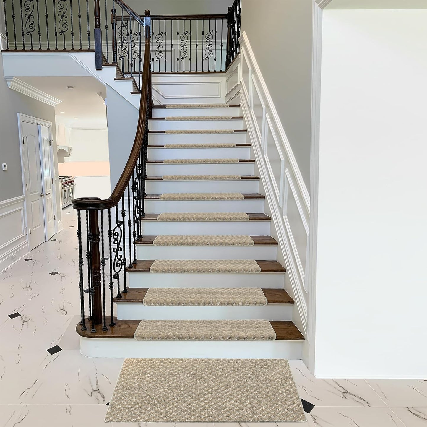 PURE ERA Bullnose Carpet Stair Treads Set Tape Free Non-Slip Indoor Stair Protectors Pet Friendly Rugs Covers Soft Skid Resistant Washable Reusable 9.5" x 30"(14 Pieces,Cream Gray)