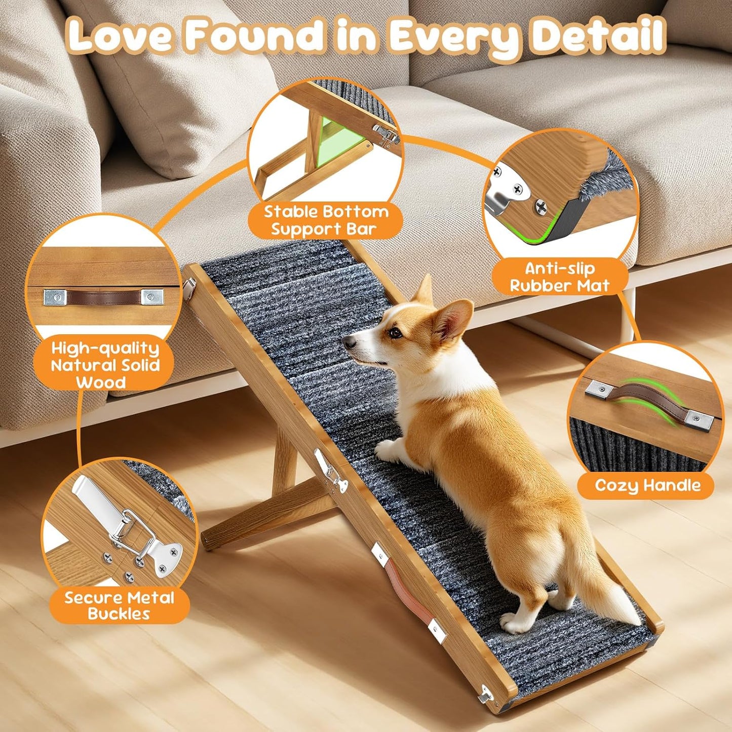 Pawaboo Foldable Dog Ramp, Small Dog Ramp for Couch, 4 Adjustable Height from 13'' to 21", Stable Pet Steps with Non-Slip Pad, Portable Pet Ramps Use for Couch Sofa Stairs, Wood