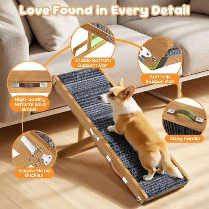 Pawaboo Foldable Dog Ramp, Small Dog Ramp for Couch, 4 Adjustable Height from 13'' to 21", Stable Pet Steps with Non-Slip Pad, Portable Pet Ramps Use for Couch Sofa Stairs, Wood