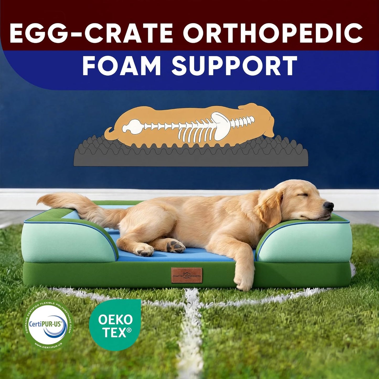 Comfort Expression Orthopedic Dog Bed for Extra Large Dogs 42x30 Inch, Waterproof Egg Crate Foam XL Pet Bed with Removable Bolsters, Dog Couch with Washable Cover & Non-Slip Bottom, Grey - Colors A