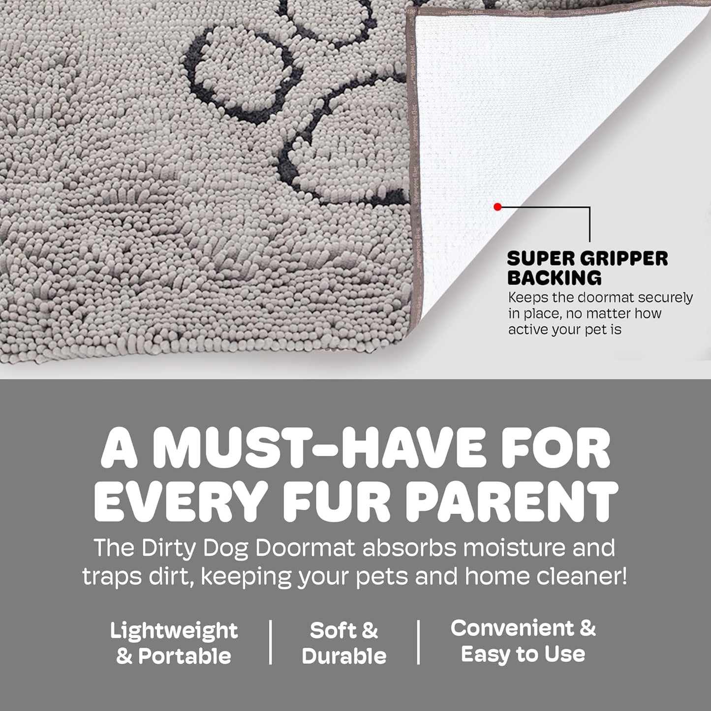 Dog Gone Smart Dirty Dog Doormat - Fast Drying Rug with Super Gripper Backing for Clean Floors - Super Absorbent and Machine Washable Mat for Muddy Paws - Grey