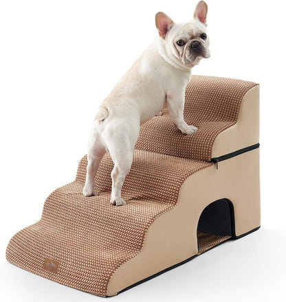 COZY KISS Extra Wide Dog Stairs with Tunnel, Foam Detachable Large Dog Step for Small Pet, Puppy or Cats, Medium Pet Ramp for High Bed, Couch, Sofa or Car, 19.7x33x22.4 inch, 5 Step, Beige