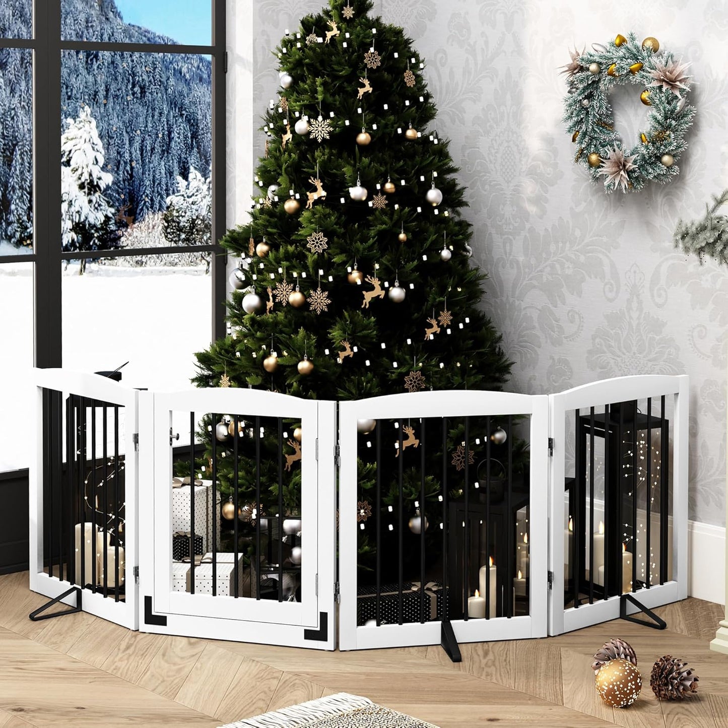 PUPETPO Freestanding Dog Gate with Door, Pet Gate for Stairs, 80 inch Wide Pet Barrier Indoor, Dog Fences Indoor, Support Feet Included, 4 Panels, 24" Tall, Dark Brown
