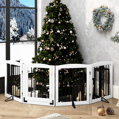 PUPETPO Freestanding Dog Gate with Door, Pet Gate for Stairs, 80 inch Wide Pet Barrier Indoor, Dog Fences Indoor, Support Feet Included, 4 Panels, 24" Tall, Dark Brown