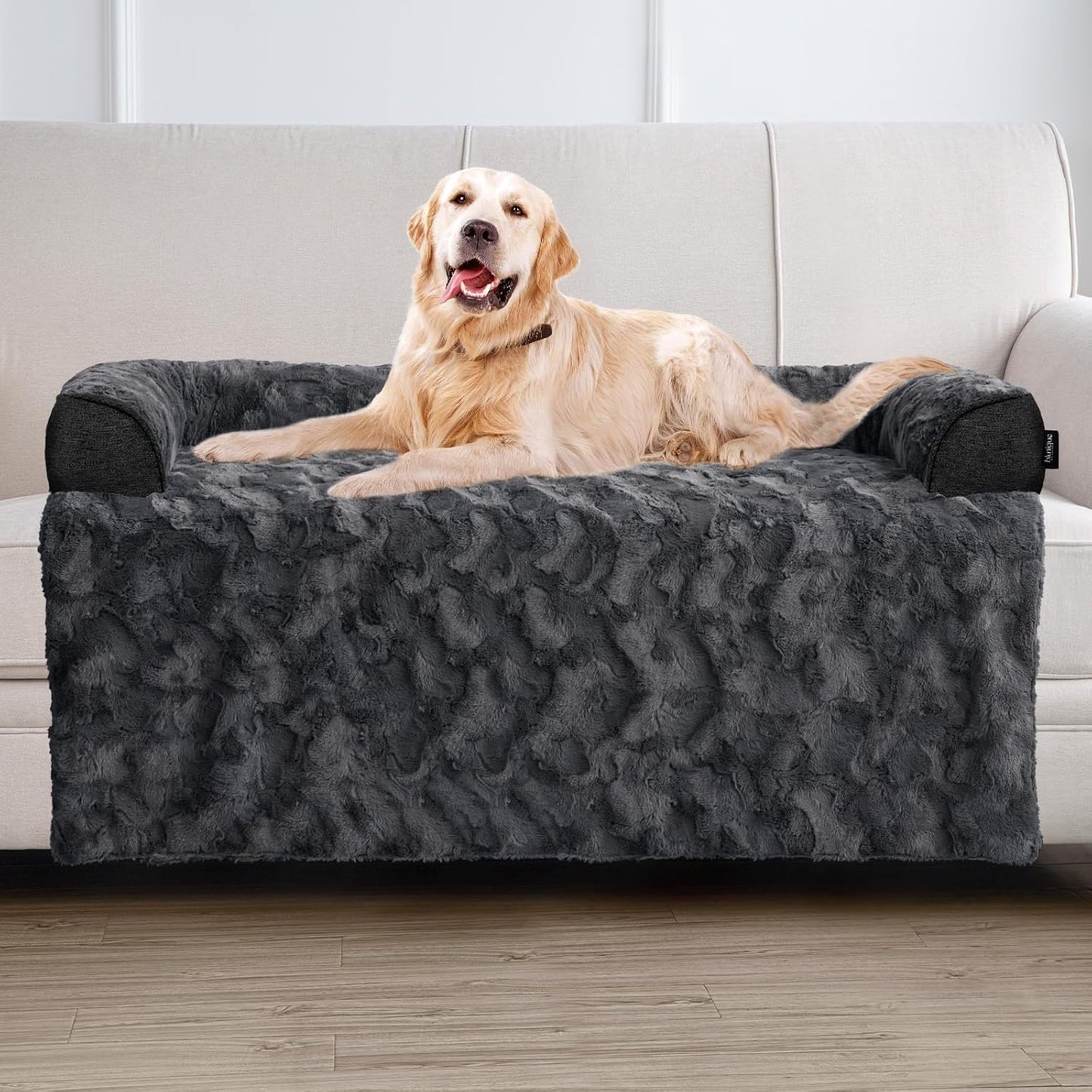 Calming Large Dog Bed for Couch, 41 x 37 inch Removable Couch Cover for Dogs Washable, Non-Slip Fluffy Plush Dog Sofa Mat for Furniture Protector - Grey