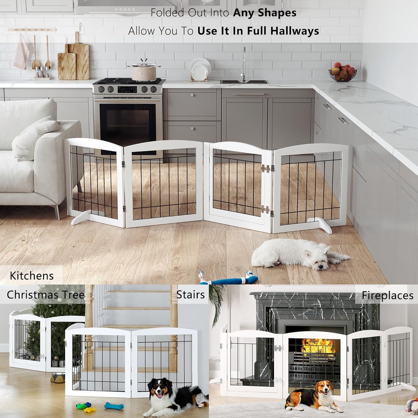 PAWLAND Free Standing Dog Gates for The House Stairs Doorways Indoor Foldable Wooden Small White Puppy Pet Gate Step Over Fence 60" W 24" H 3 Panels