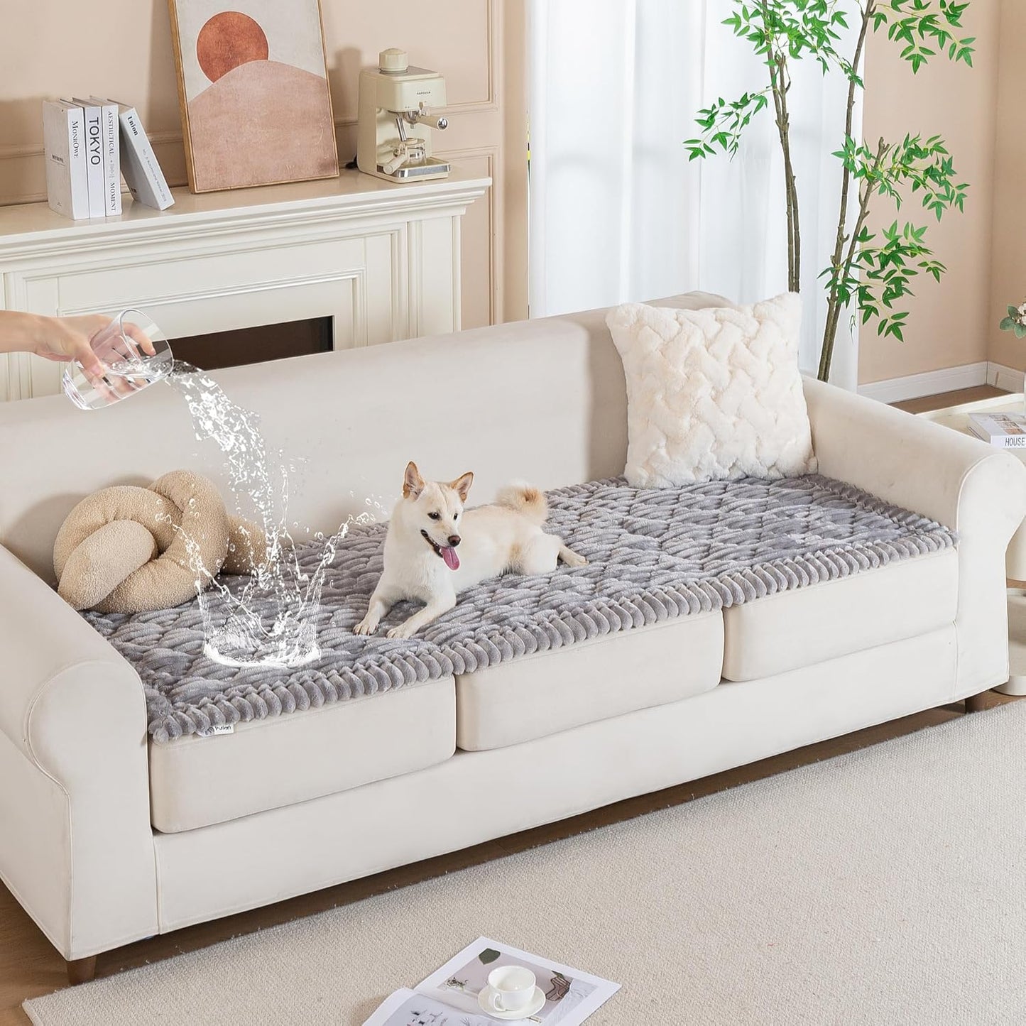 PuTian 100% Waterproof Fuzzy Couch Cover for Dogs Washable Non-Slip Furniture Cover Pet Friendly Dog Mat for Couches and Sofas White 27.6''x59'' 70cmx150cm