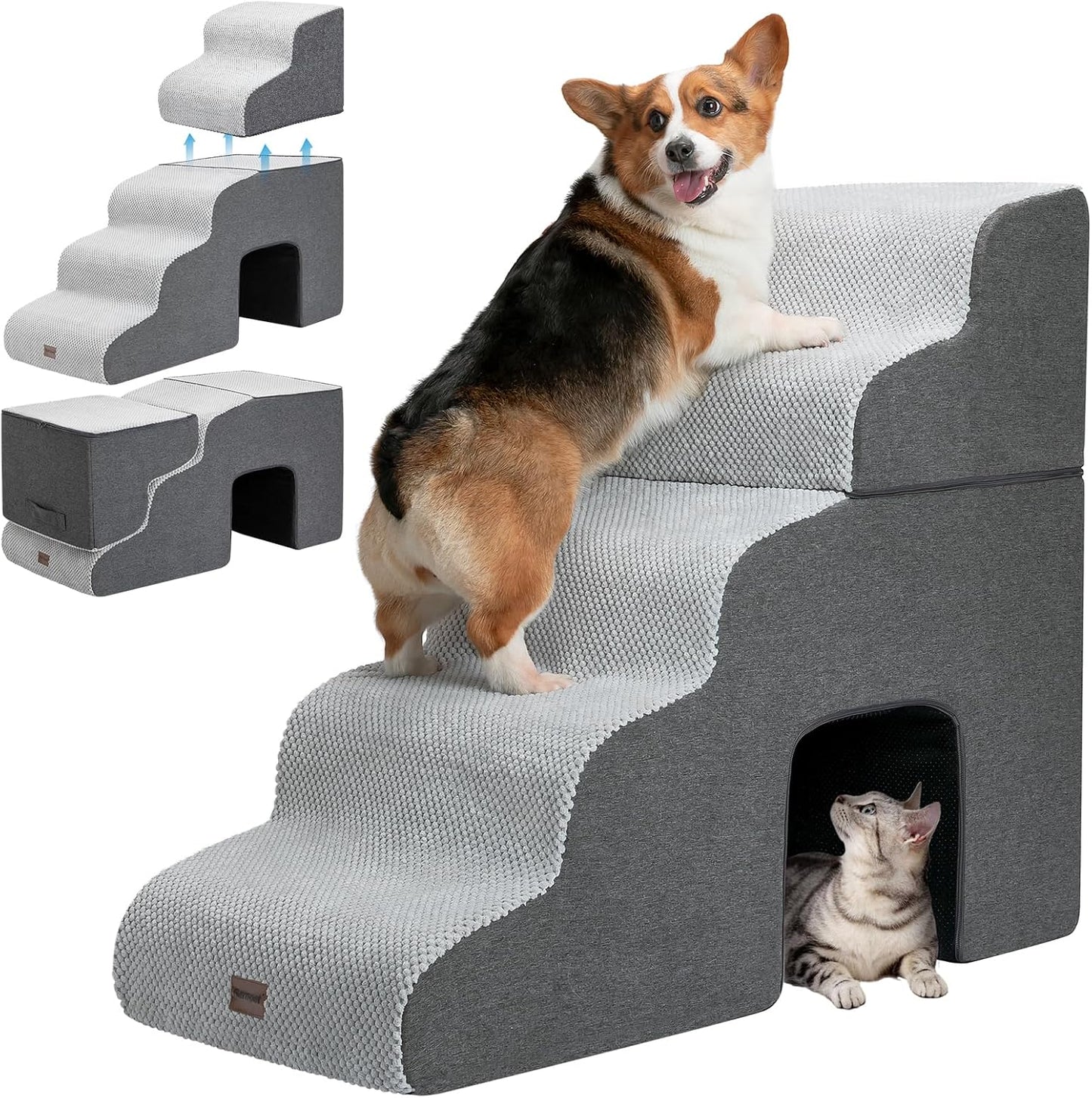 Garnpet Dog Stairs for High Beds, 4-Step Dog Steps for Small Dogs and Cats, Foldable Pet Stairs for High Bed Climbing, Non-Slip Balanced Pet Step Indoor, Dark Grey