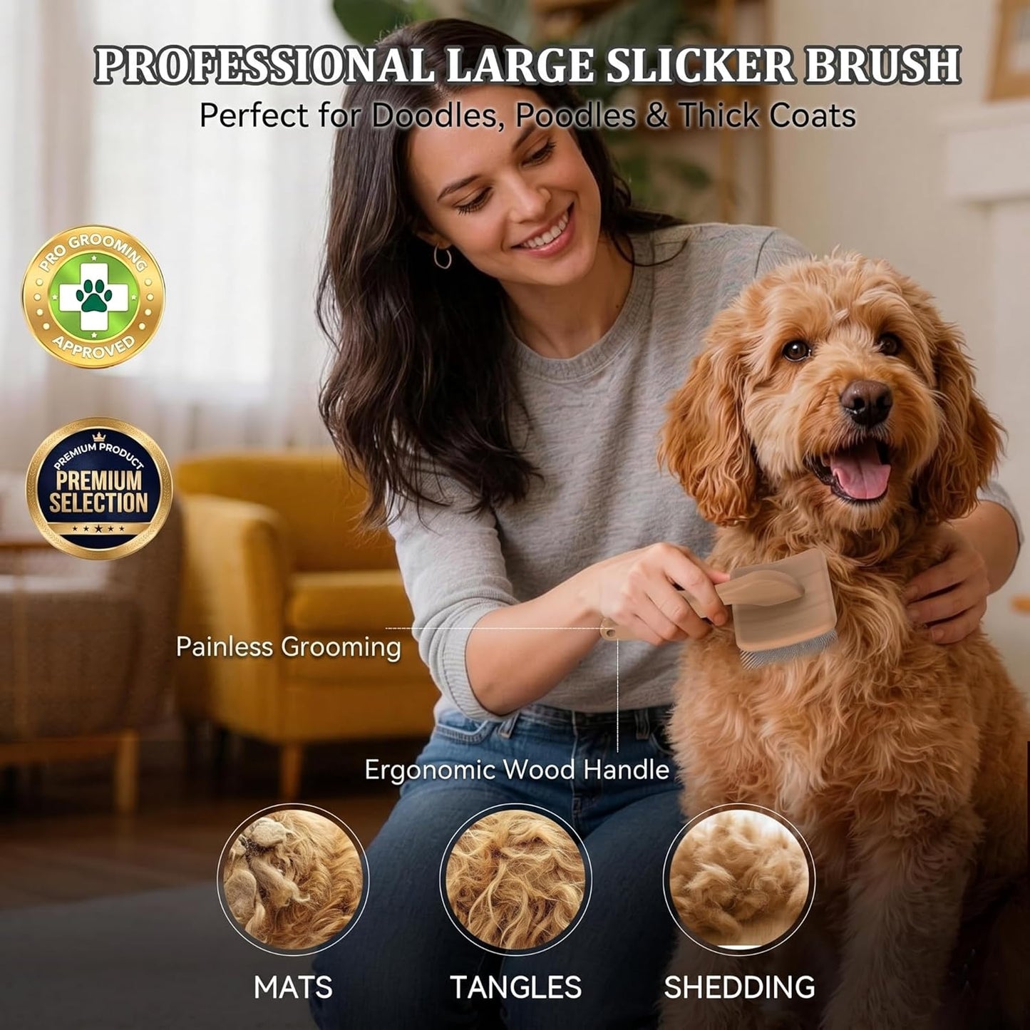 Slicker Brush for Dogs - 4-in-1 Wooden Dog Grooming Kit for Doodles & Poodles with Detangling Comb for Matted Hair & Bath Massage Set, Naturally