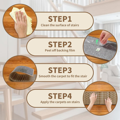Non-Slip Stair Treads for Wooden Steps 15pcs,8"x30" Stair Carpet Treads for Indoor Use,Peel and Stick Stair Runners,Washable Reusable Adhesive Backing,Pet-Friendly Stair Capet for Kids,Elders,Dogs
